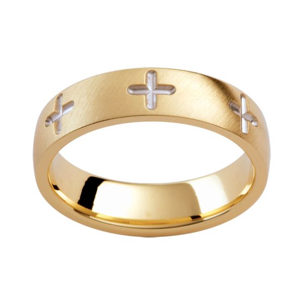 PJ275 men's semi-rounded band with cross pattern all the way around band in angled brushed yellow gold