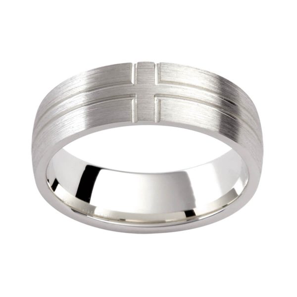 PJ333 brushed finish men's band with grooved cross-pattern in a semi-rounded band