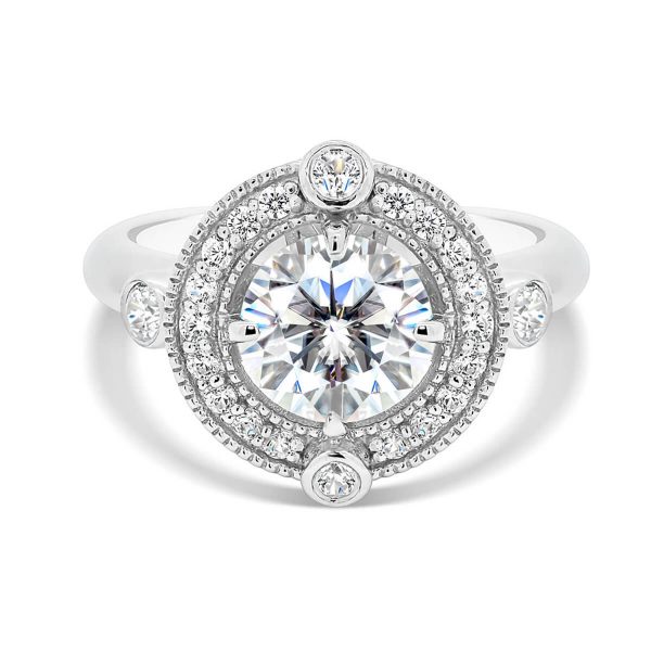 Heaven pave-set halo ring with bezel accent stones and polished knife-edge band