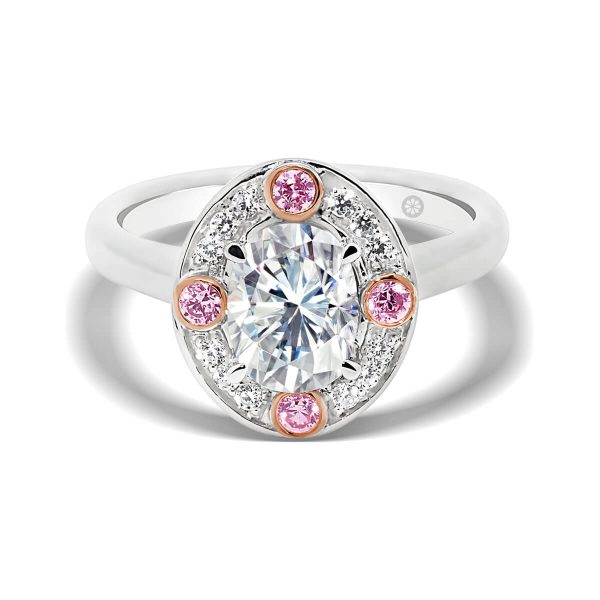 Vienna Oval Pink lab grown diamond ring with pave set halo on plain band