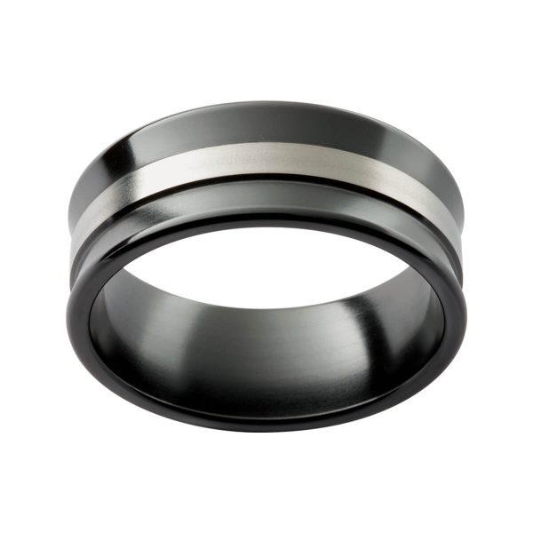 ZRJ13 concave black zirconium ring with a white gold overlay strip in the middle