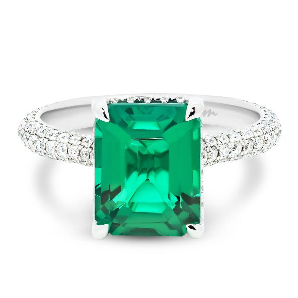 Casablanca Emerald ring in stone-set 4 prong on rolling 3-row micro pave band