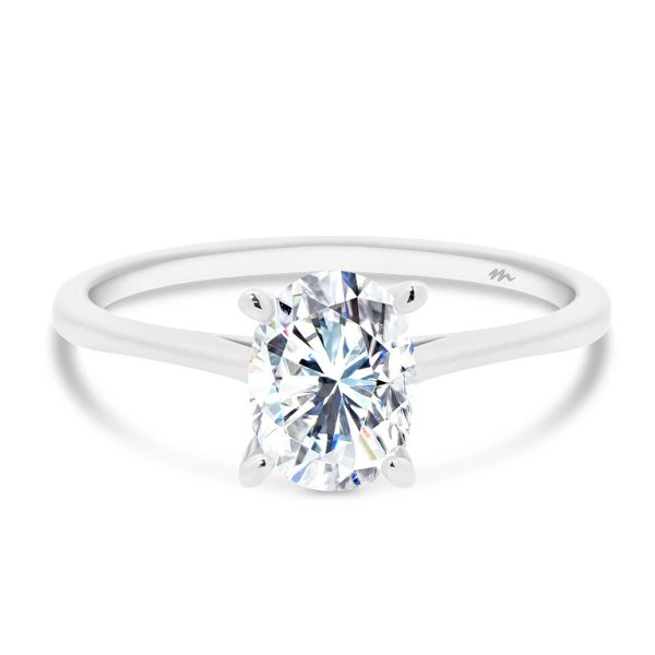 Lanefield Oval 7x5 four prong solitaire ring with open v gallery and Pear tips on slightly tapered band