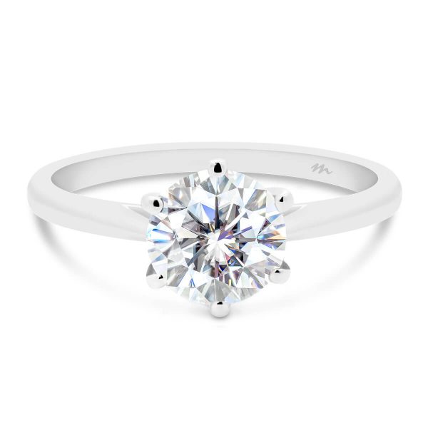 Milton 7.5 moissanite ring in 6 prong royal crown setting with tapered band