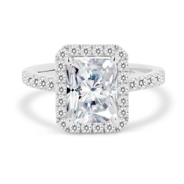 Darlene Radiant 8x6-9x7 Elongated radiant  engagement ring with halo and prong set band