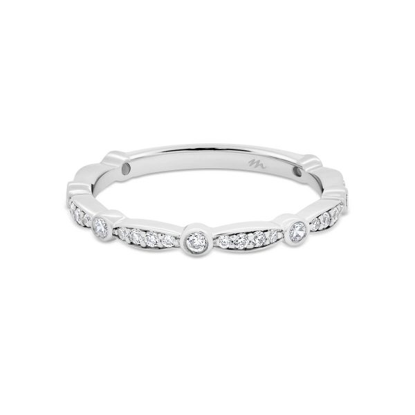 Madison Moissanite band in soft scallop shape with round bezel accent