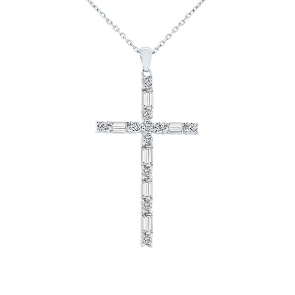 Mary round and emerald cut lab grown diamond cross pendant