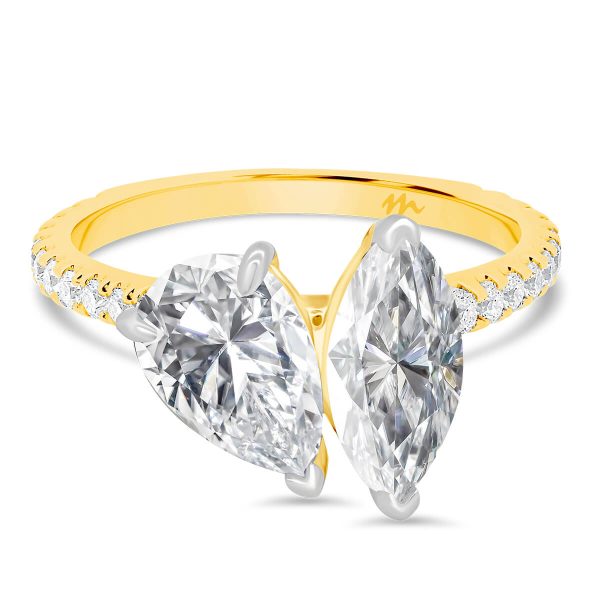 Claudette 10x5-11x5.5 marquise and pear accented Moissanite Toi Et Moi rings