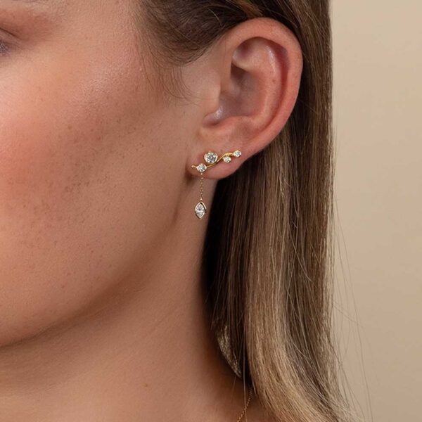 Model Wears Gia Marquise Lab Grown Diamond Ear Climber Enhancer With Anna Studs Earrings Yellow Gold Cropped