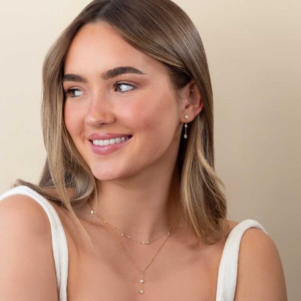 Model Wears Diamond Anna Studs Joanna Medium Drop Enhancer Lou Round Large Pendant Cherie Mixed Yellow Gold Necklace Cropped