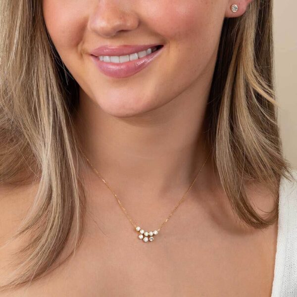 Model Wears Lab Grown Diamond April Dangle Bezel Slider Pendant With Anna Yellow Gold Studs Cropped