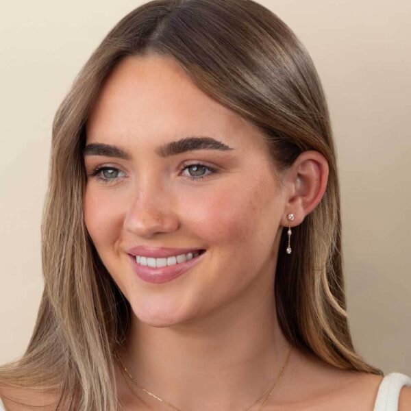 Model Wears Lab Grown Diamond Joanna Round Small Bezel Drop Earring Enhancer With Anna Yellow Gold Studs