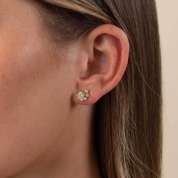 Model Wears Lab Grown Diamond Rosa Round Cluster Earring Enhancer With Anna Studs Yellow Gold Cropped