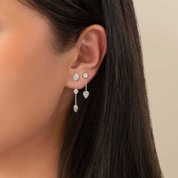 Model Wears White Gold Jen Pear Joanna Pear Bezel Drop Earring Enhancer Anna 0.10Ct Diamond Studs Cropped