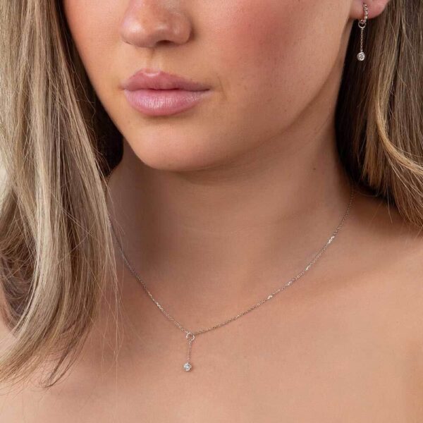 Model Wears White Gold Jen Round Small Bezel Pendant Enhancer Diamond Hope Small Ball Plain Hoop Earrings Cropped