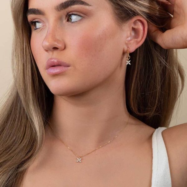 Model Wears Yellow Gold Hope Medium Ball Plain Hoops Winnie Marquise Petal Charm Diamond Floral Pendant Cropped