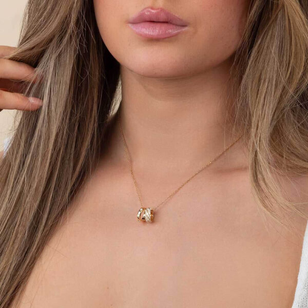 Model Wears Yellow Gold Indie Pave Set Diamond Twisted Rope Rondelle Zoe Hammer Set Rondelle Cropped