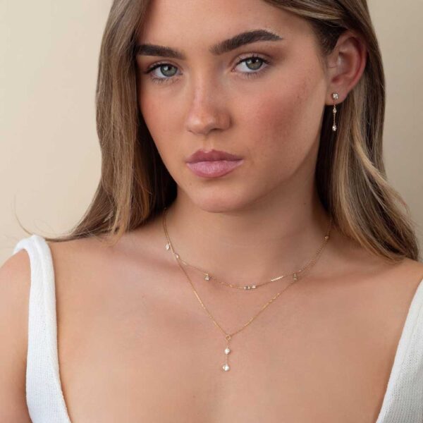 Model Wears Yellow Gold Joanna Round Medium Bezel Drop Enhancer Cherie Mixed Bezel Diamond Layered Necklace