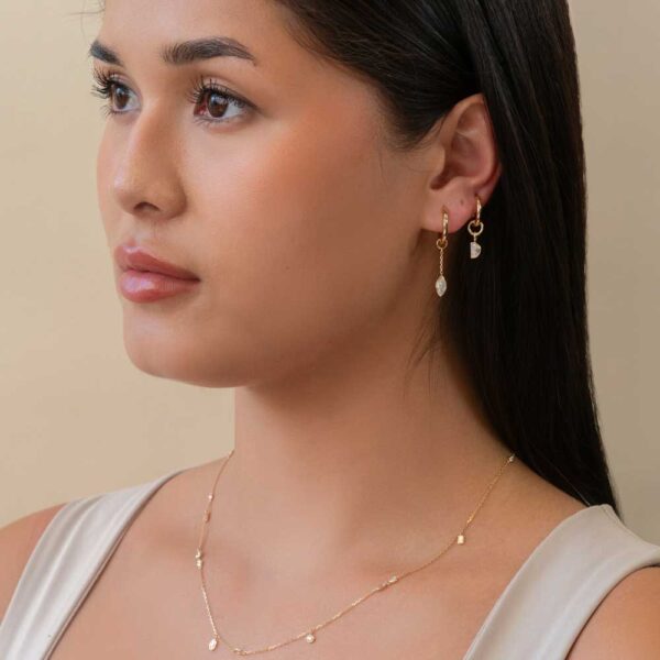 Model Wears Yellow Gold Lou Half Moon Bezel Charm Jen Marquise Drop Diamond Earring Enhancer Blair Medium Large Plain Hoops