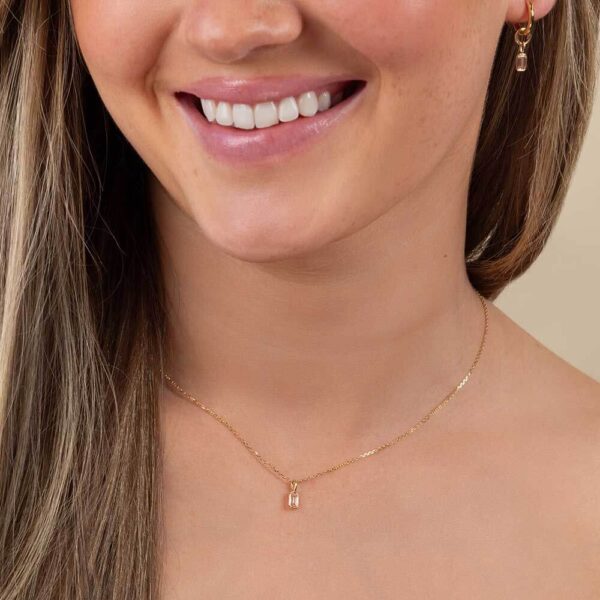 Model Wears Yellow Gold Lou Pink Emerald Diamond Bezel Charm Pendant Blair Medium Plain Hoops Croppped