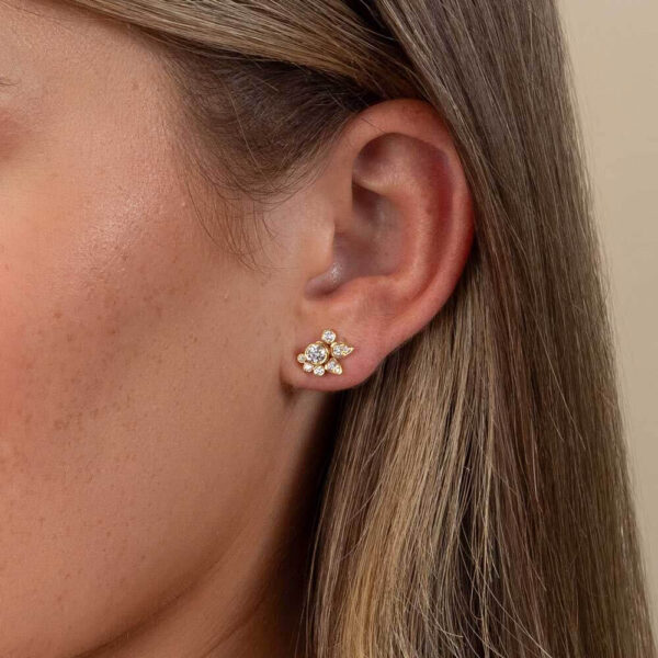 Model Wears Yellow Gold Rita Pear Shape Cluster Enhancer With Anna Diamond Stud Earrings Cropped