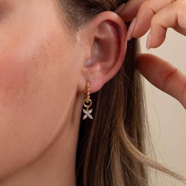 Model Wears Yellow Gold Winnie Marquise Petal Floral Earring Charm Diamond With Hope Medium Ball Plain Hoops Cropped