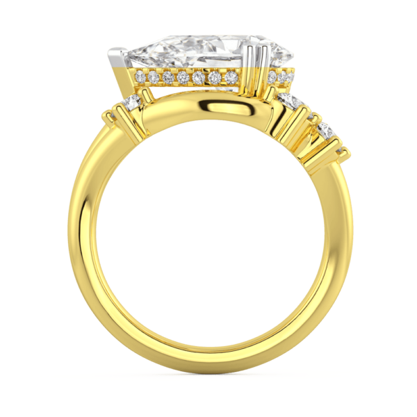 Alana Side Yellow Gold Lab Grown Diamond East West Set Pear Plain Band 3 Round Accents Ring