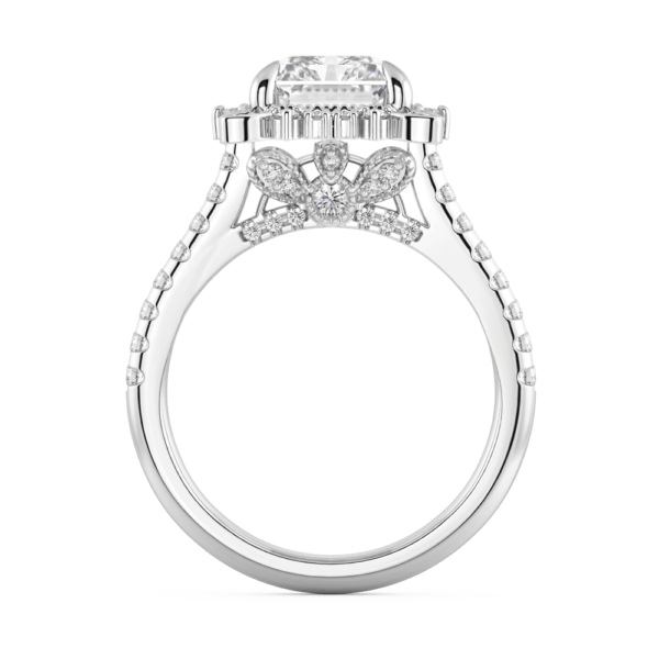 Emmeline Side White Gold Lab Grown Diamond Radiant Halo Fan Pattern Gallery Prong Half Band Ring