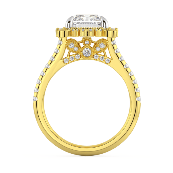 Emmeline Side Yellow Gold Lab Grown Diamond Radiant Halo Fan Pattern Gallery Prong Half Band Ring