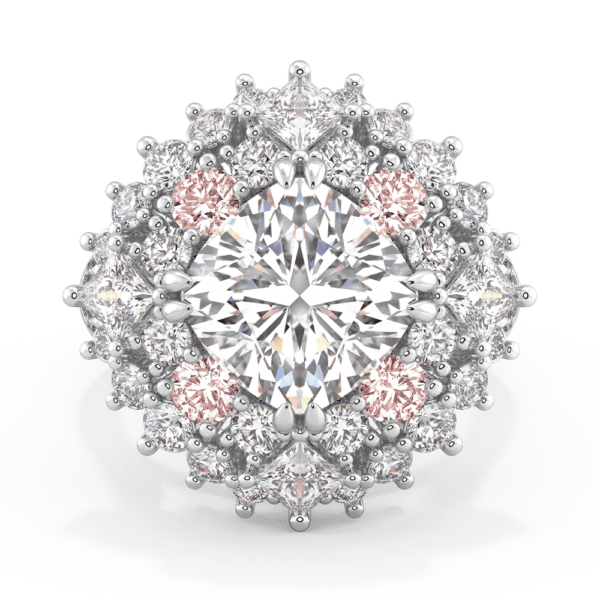 Genevieve Front White Gold Lab Grown Diamond East West Set Cushion Cluster Halo Pink Accents Ring