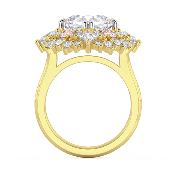 Genevieve Side Yellow Gold Lab Grown Diamond East West Set Cushion Cluster Halo Pink Accents Ring