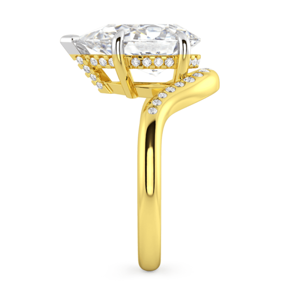 Jessica Profile Yellow Gold Moissanite Pear Under Rail Curved Hammer Set Band Ring