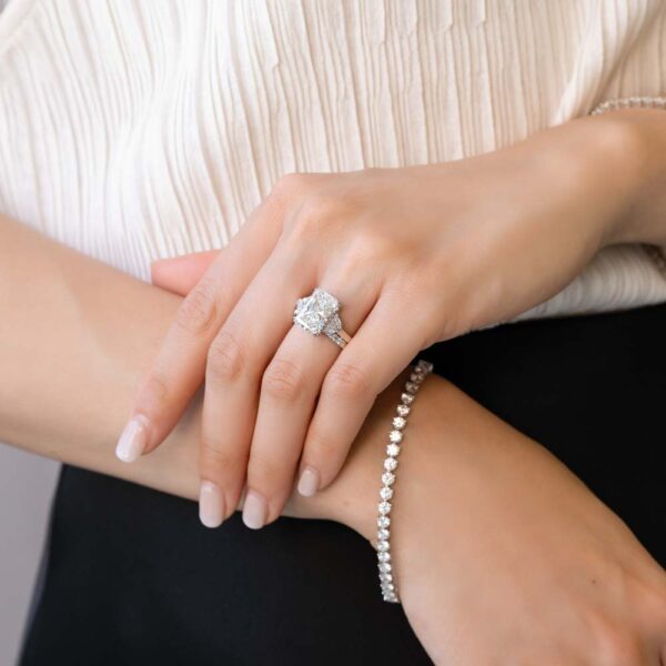 Model Wears Honour White Gold Diamond Radiant Scallop Pave Gallery Half Moon Trilogy Honour A Matching Ring