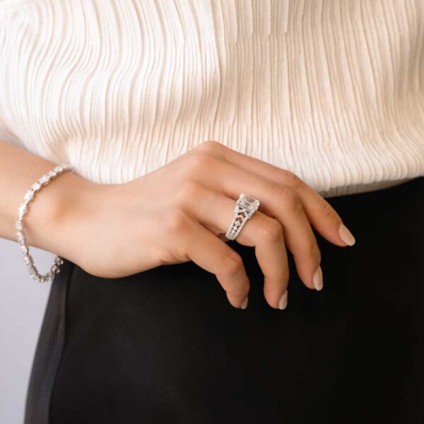 Model Wears Reagan Radiant White Gold Lab Grown Diamond V Pattern Cut Out Graduating Split Band Ring