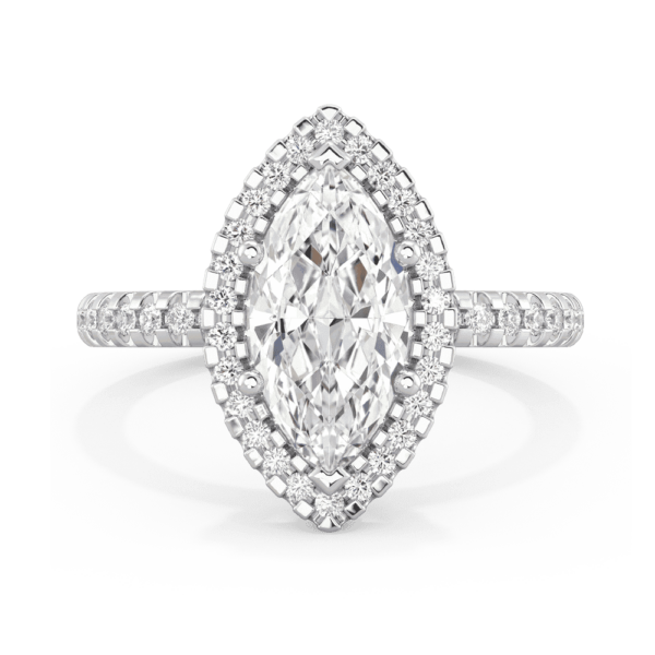 Natasha Front White Gold Lab Grown Diamond Marquise Halo Prong Set Accent Basket Half Band Ring