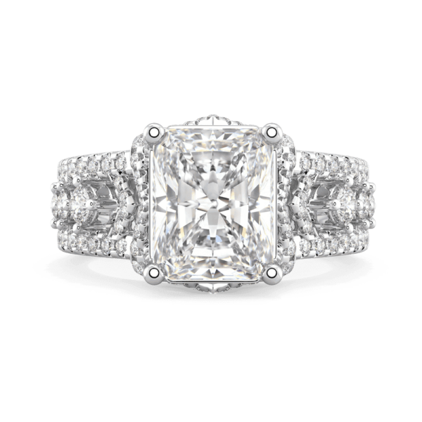 Reagan Radiant Front White Gold Lab Grown Diamond Graduating Cut Out Pattern Split Band V Shaped Ring